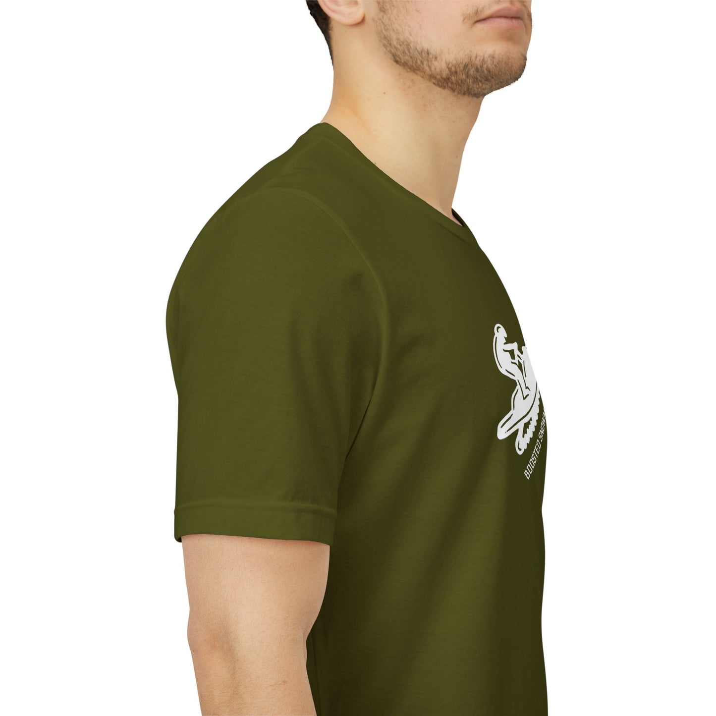side view male model wearing green unisex t-shirt with diagonal white text reading BOOSTED SNOWMOBILES MATTER - snowmobile culture apparel