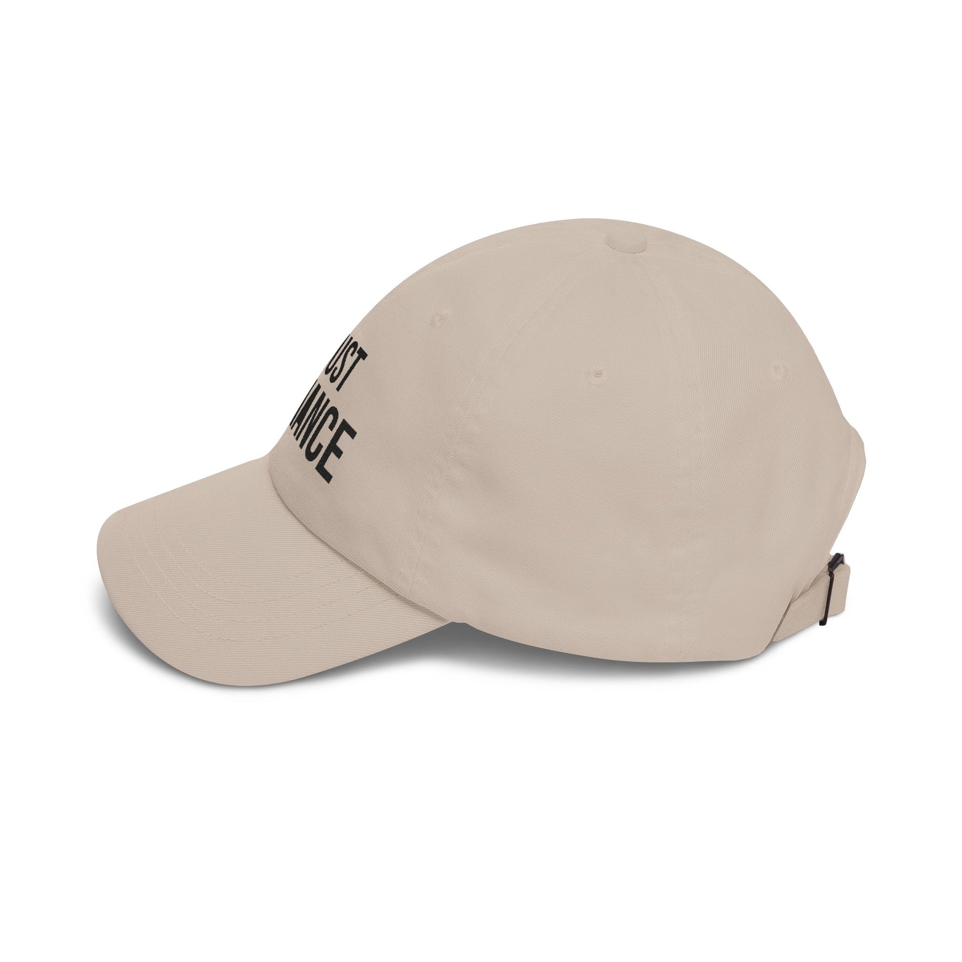 side view Classic dad cap with black embroidered TRUST DEFIANCE text - unstructured cotton hat