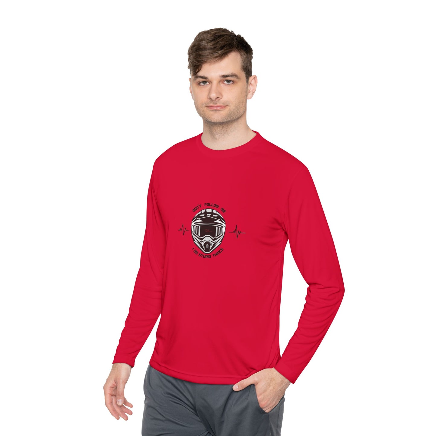 Man wearing a red long-sleeve shirt with a graphic design on a white background