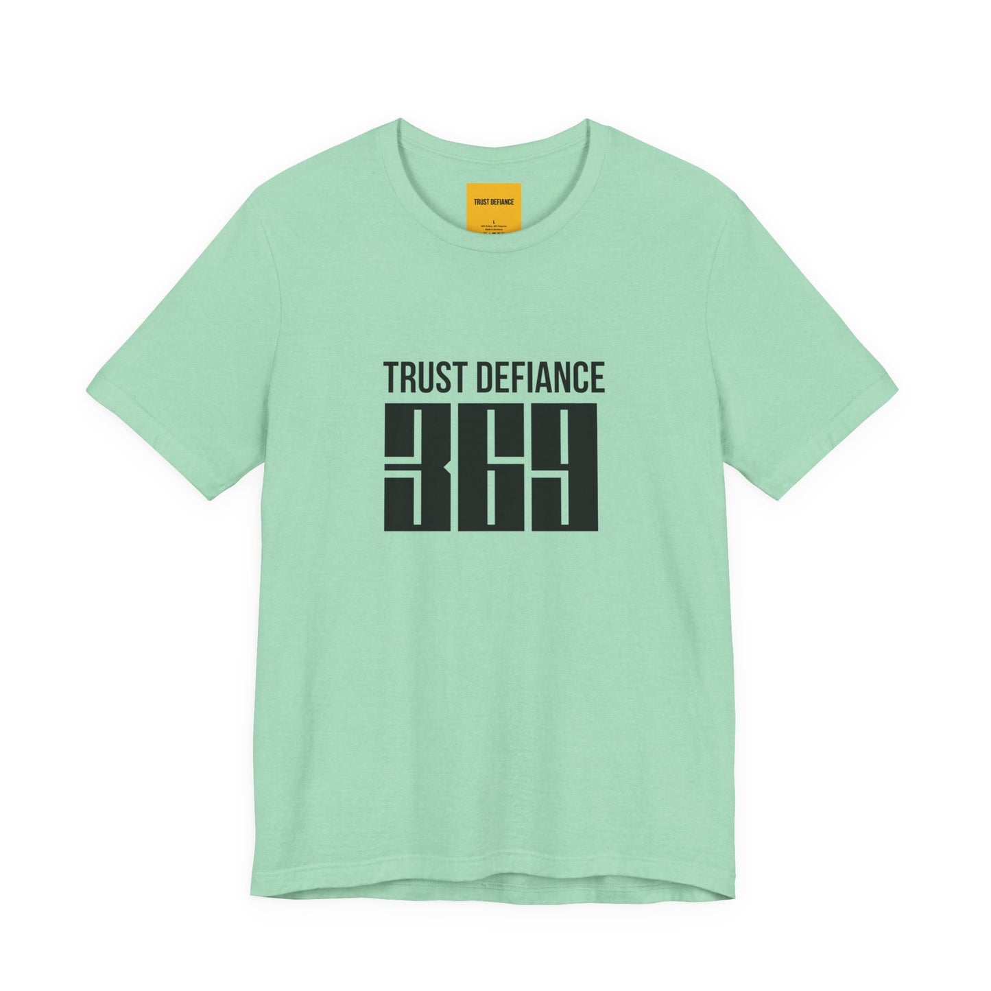 mint green unisex t-shirt with TRUST DEFIANCE 369 graphic print - manifestation streetwear tee