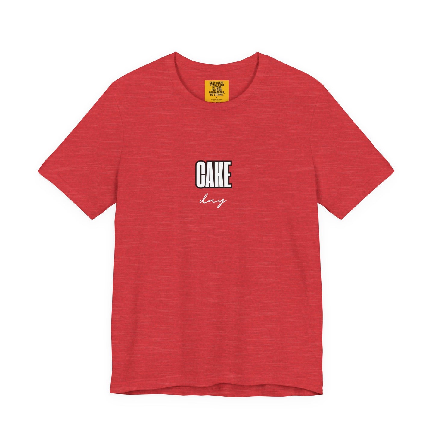 red unisex t-shirt with CAKE DAY text - birthday celebration tee