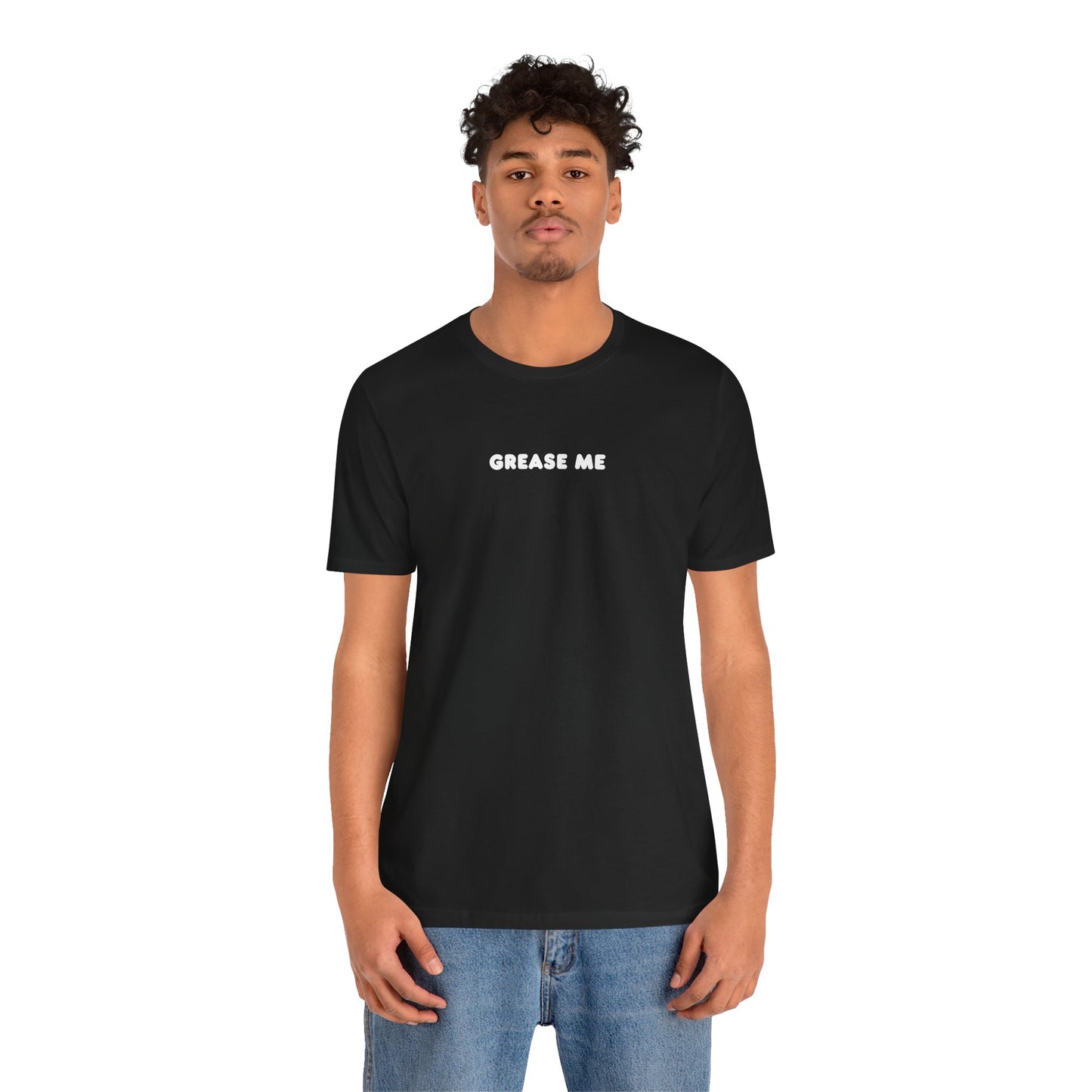 man wearing premium cotton tee -front  view showing fit and graphic design text in white