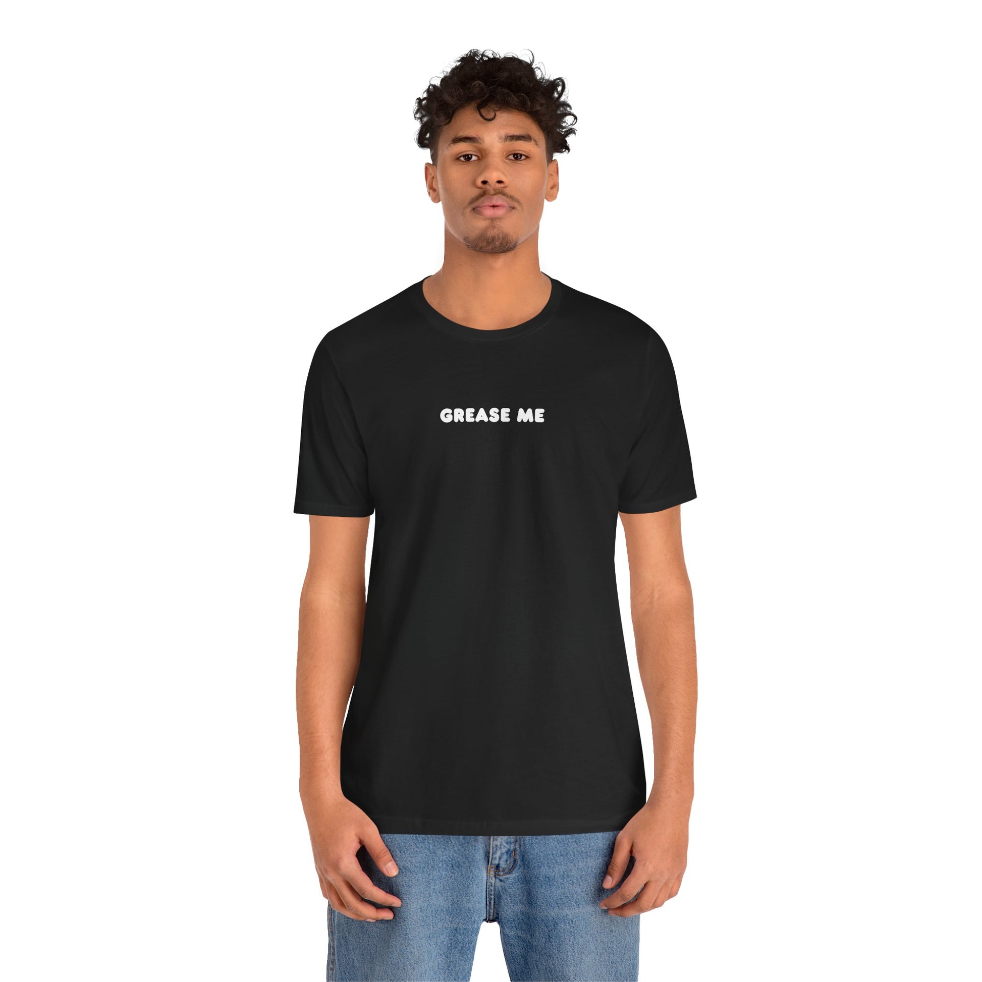 man wearing premium cotton tee -front  view showing fit and graphic design text in white