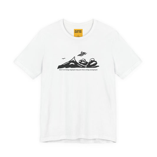 White t-shirt with black text and graphic design on a white background