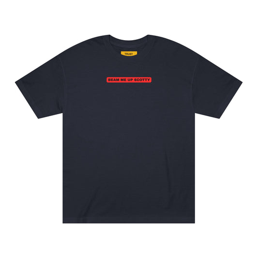Beam Me Up Scotty Mandela Effect t-shirt with bold red background design, 100% cotton American Apparel 1301 unisex tee