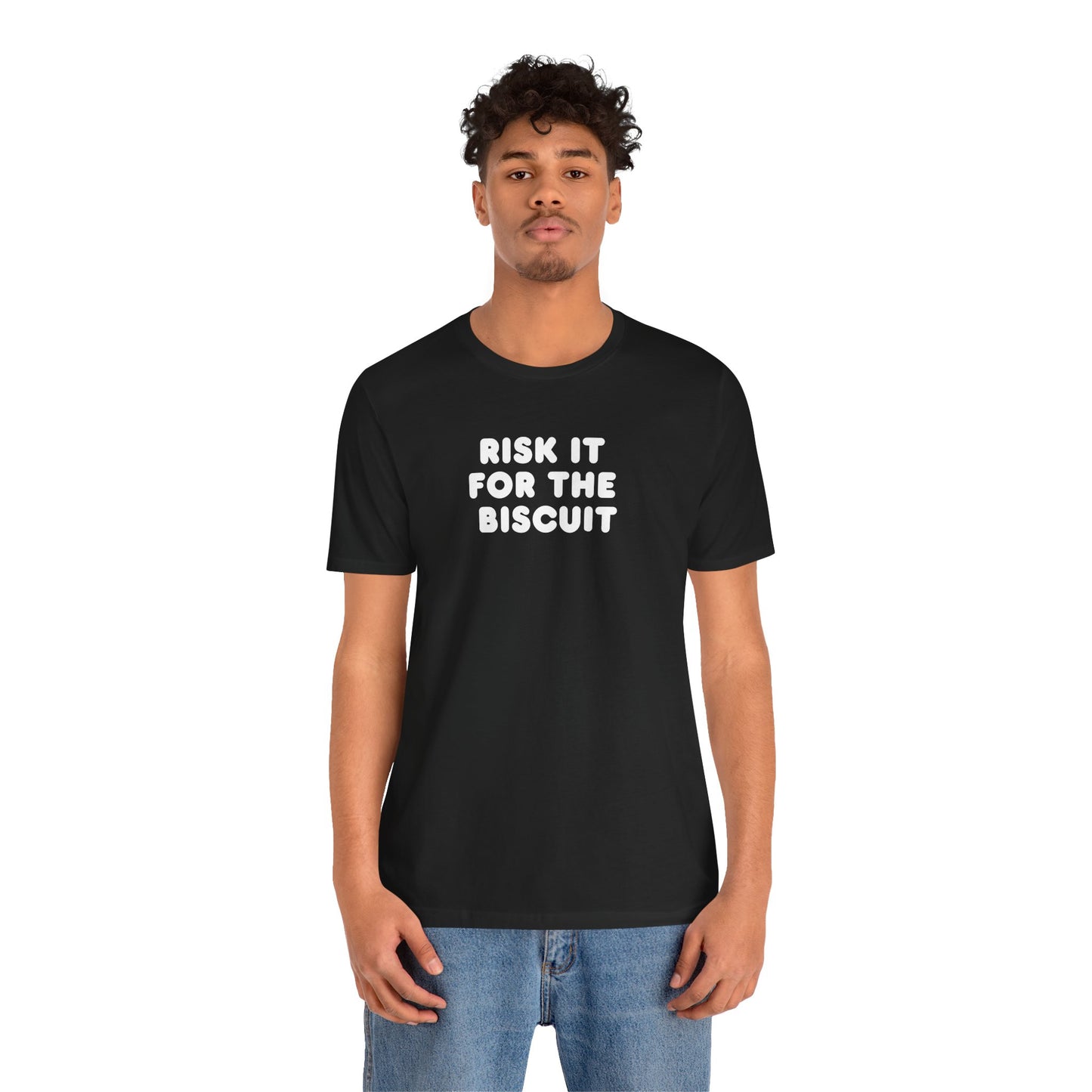 unisex t-shirt with bold motivational text - front view on model