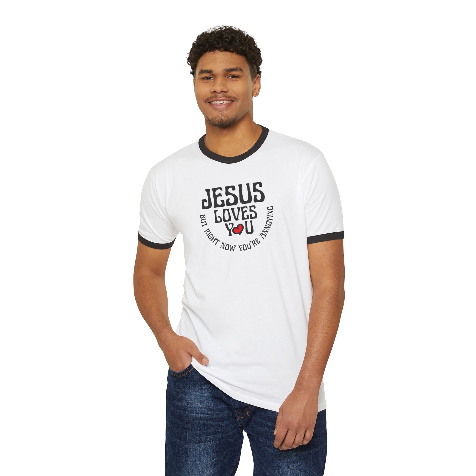 JESUS LOVES YOU but right now you're annoying ringer t-shirt with hand-drawn heart - front view on model