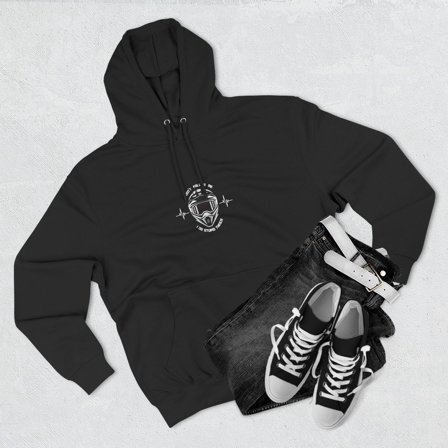 DON'T FOLLOW ME, I DO STUPID THINGS ( white lifeline) (black, heather grey, sports green) - "ECO and SUSTAINABLE, 80% Cotton, Three-Panel Fleece Hoodie-(BCI)(OEKO-TEX)