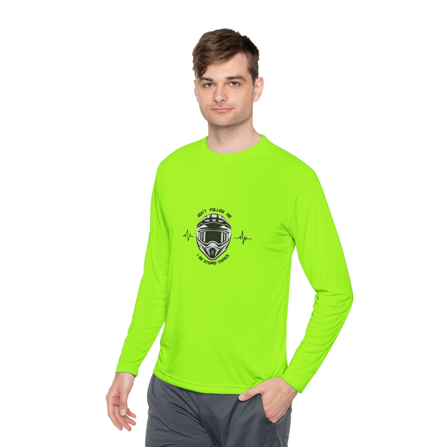 Person wearing a bright green long-sleeve shirt with a graphic design on a white background