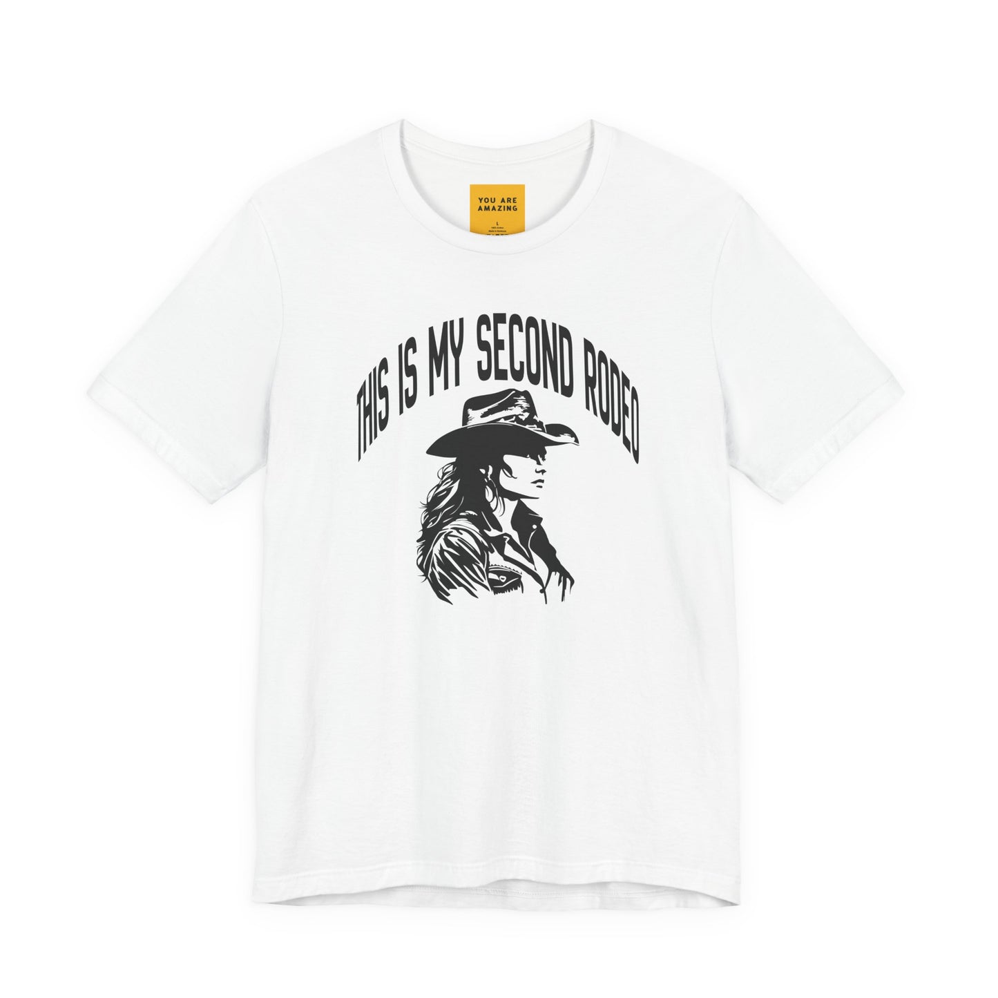 White This Is My Second Rodeo cowgirl t-shirt with hand-drawn western graphic and cheeky slogan on front
