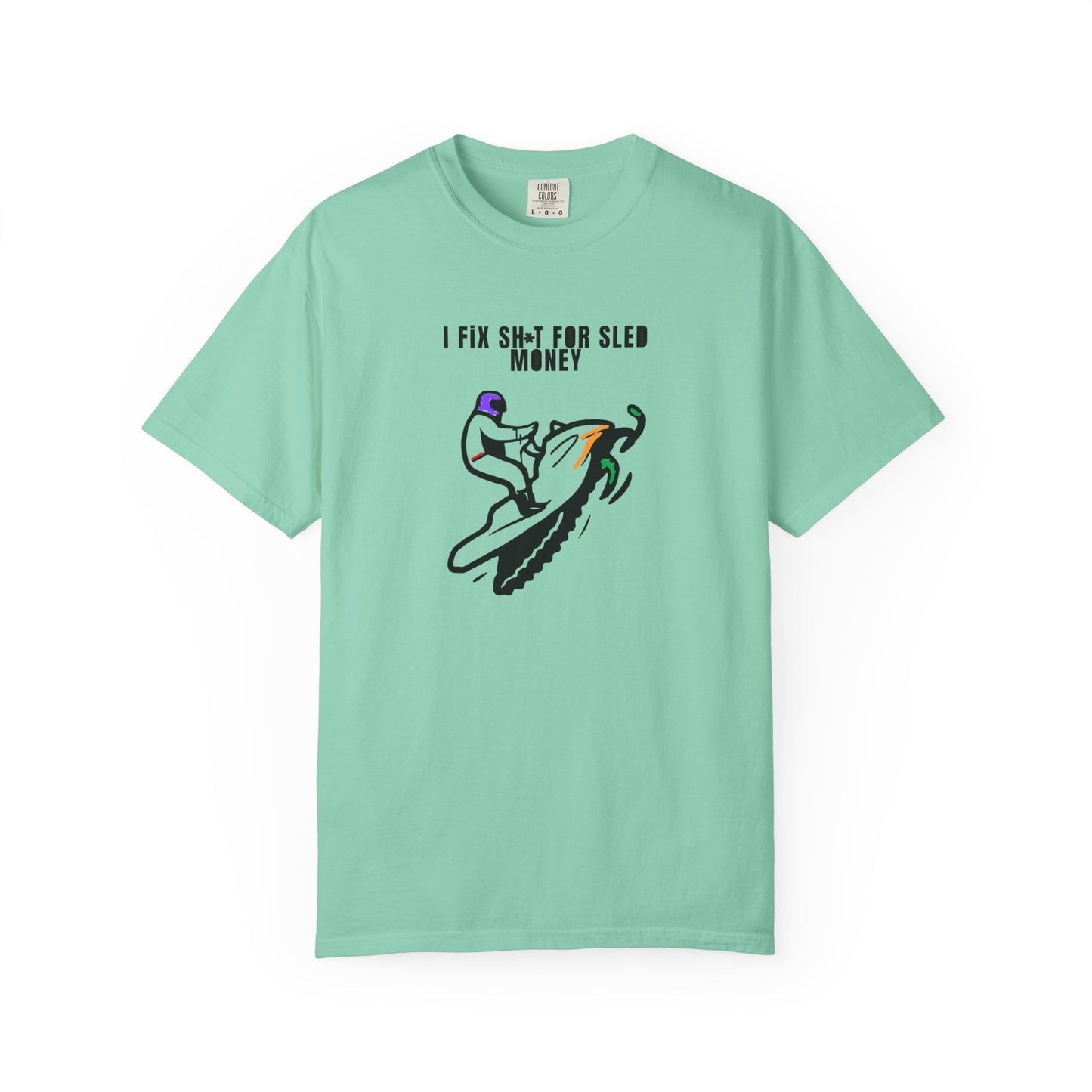 mint t-shirt with snowmobile graphic design and text on a white background
