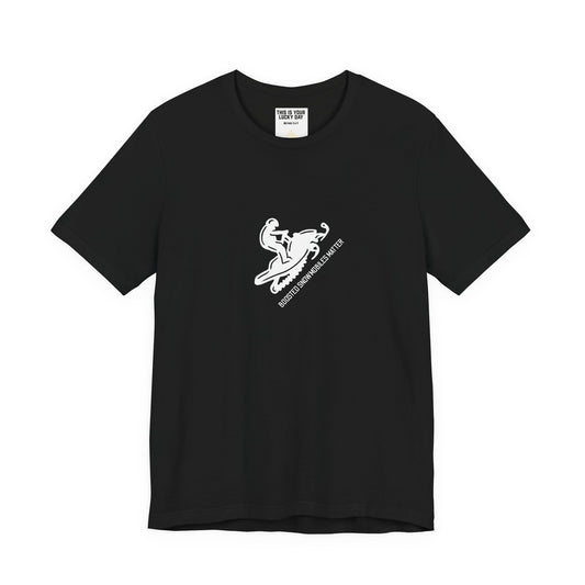 black unisex t-shirt with diagonal white text reading BOOSTED SNOWMOBILES MATTER - snowmobile culture apparel