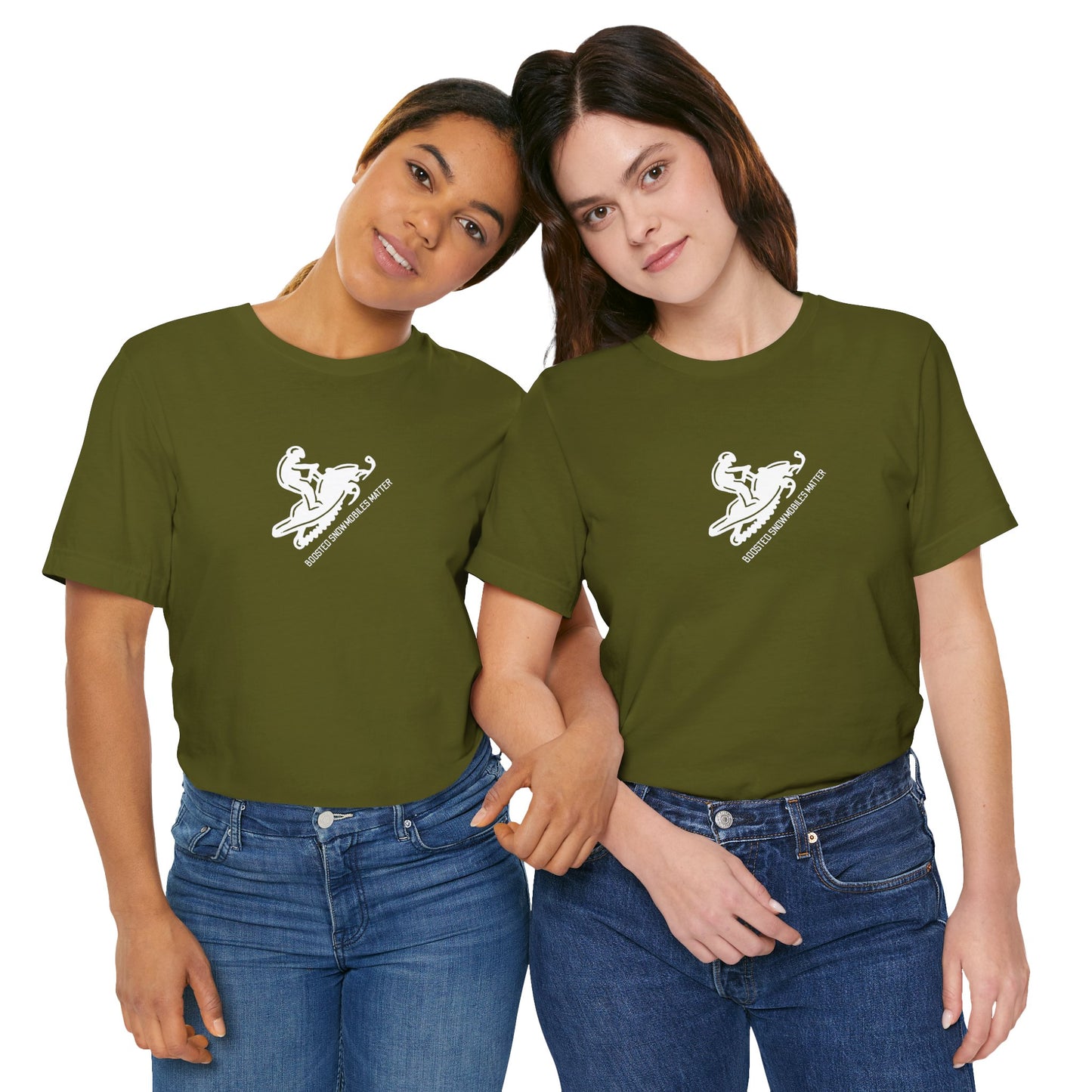 female models wearing green unisex t-shirt with diagonal white text reading BOOSTED SNOWMOBILES MATTER - snowmobile culture apparel