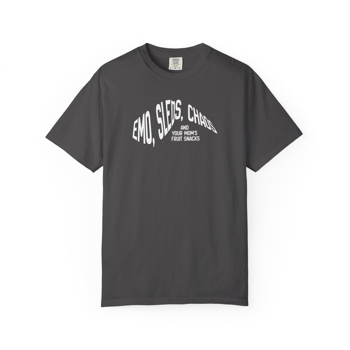 Emo Sleds Chaos Your Mom's Fruit Snacks garment-dyed t-shirt in relaxed fit, heavyweight ring-spun cotton in graphite grey

