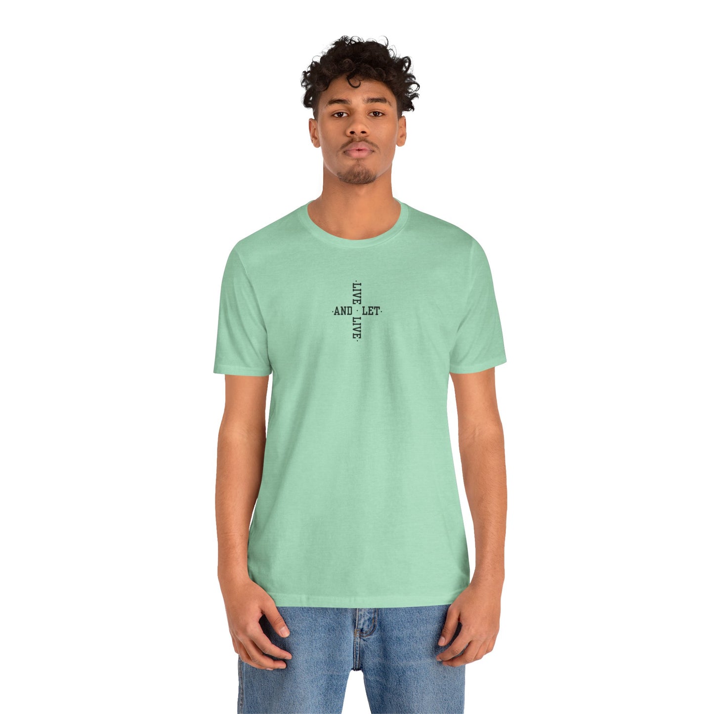LIVE AND LET LIVE - (Chakra Cross)(Black Text)-Unisex Jersey Short Sleeve Tee