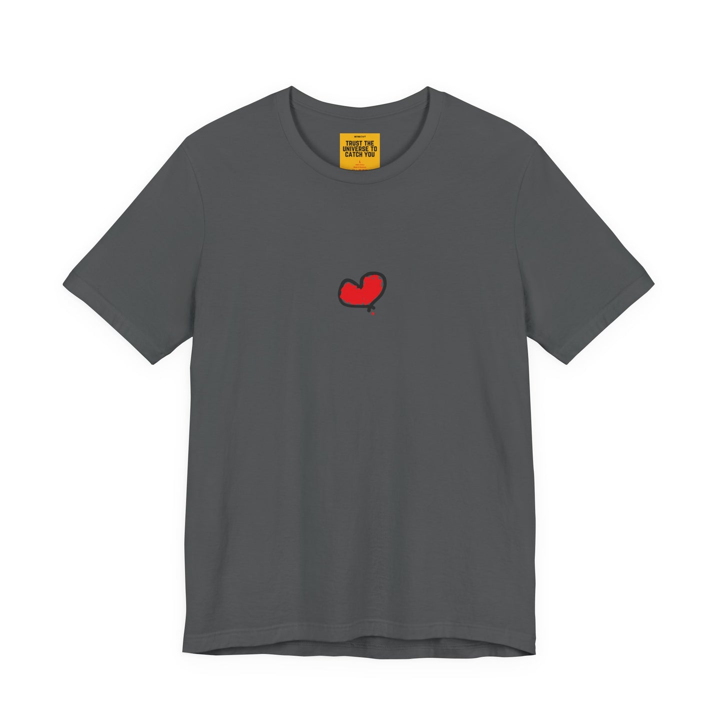 t-shirt with a red heart a.hooman original design on a white background with yellow tag Trust the Universe to Catch you