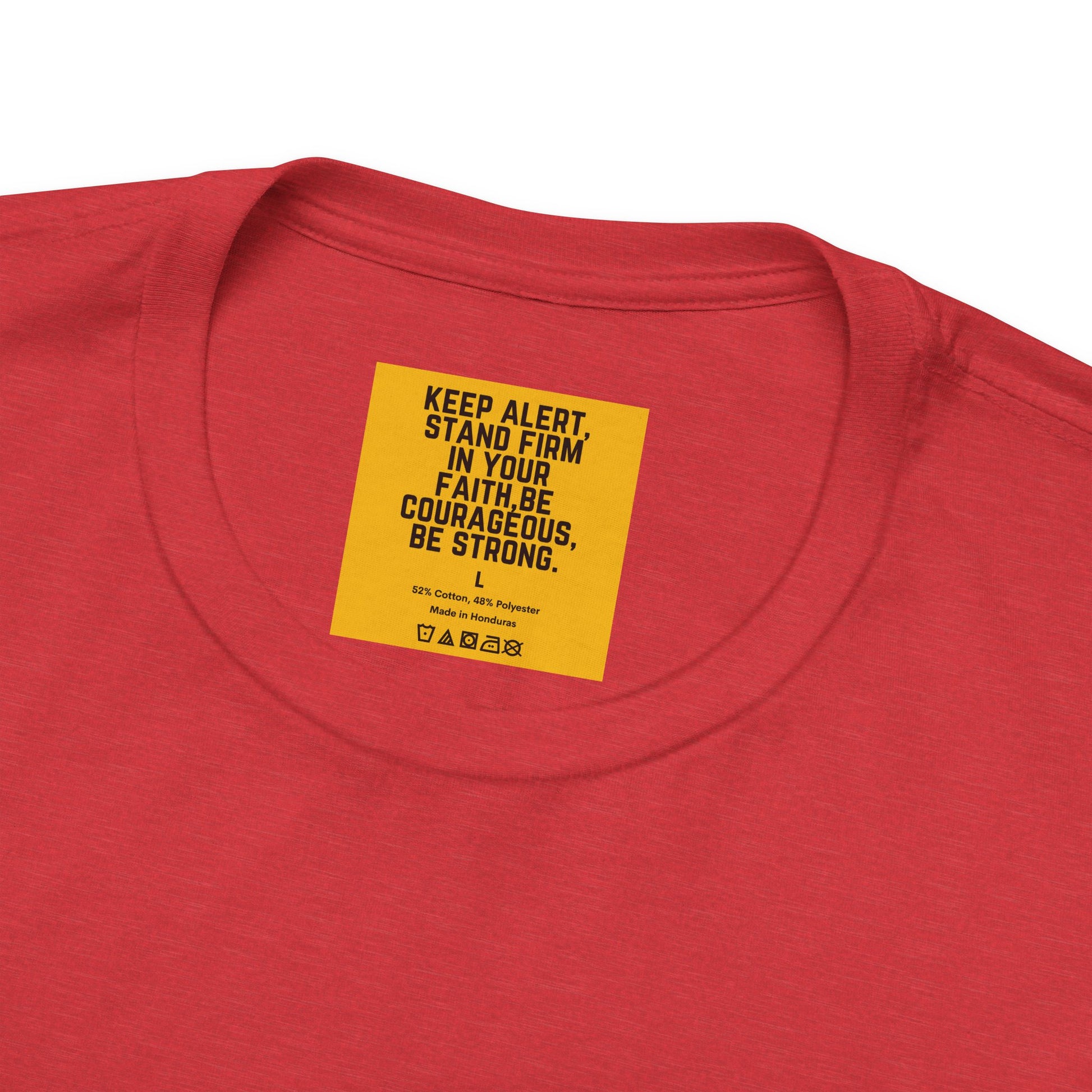 CAKE DAY text detail on lightweight cotton t-shirt - internet culture Reddit tee hidden affirmation on neck label keep alert stand firm in your faith be courageous be strong