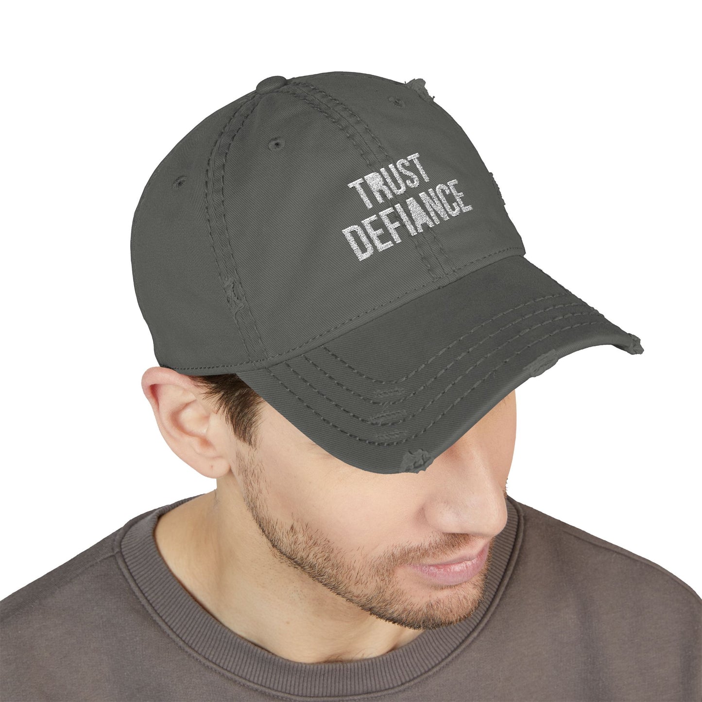 TRUST DEFIANCE (white text) Distressed Dad Hat (Embroidery)