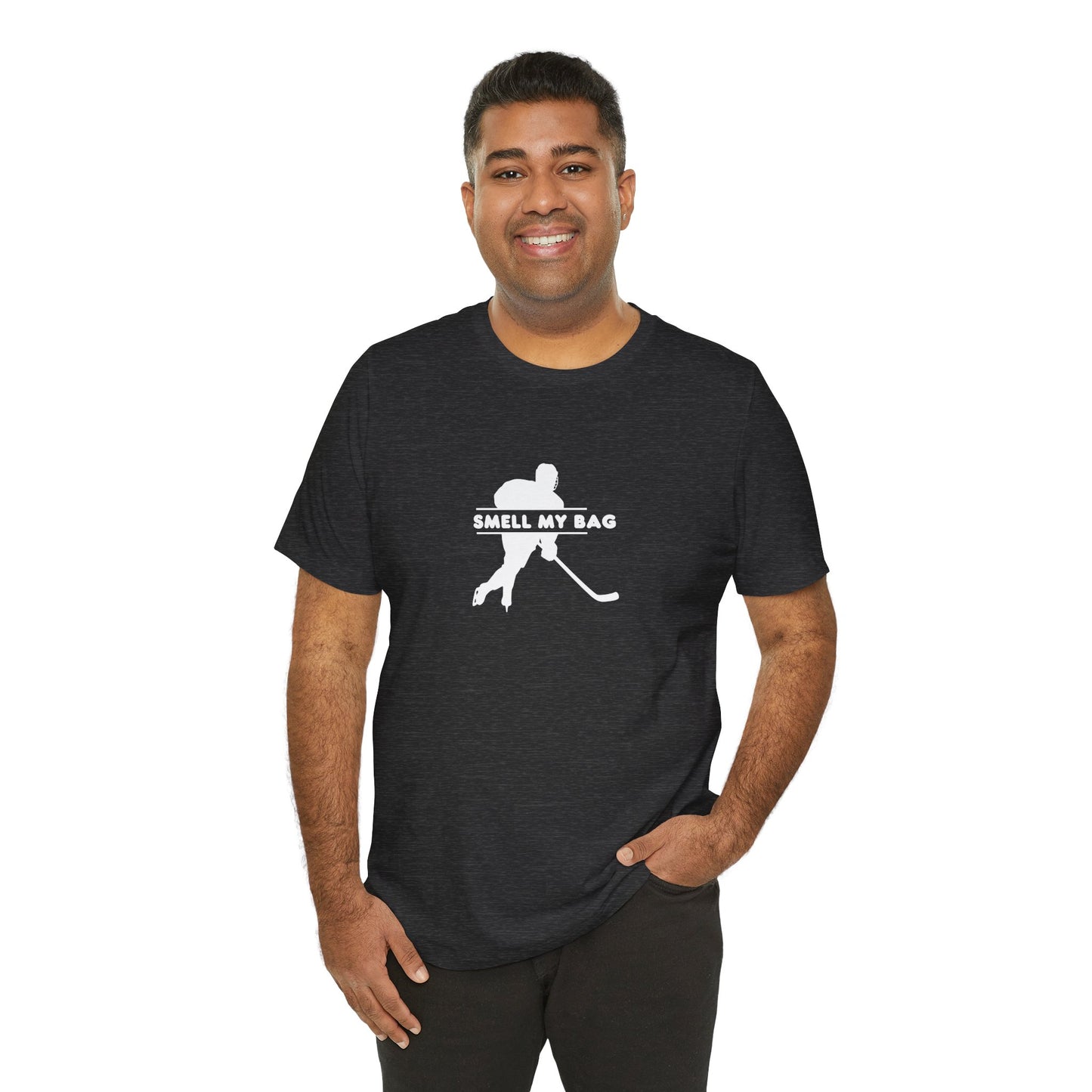 SMELL MY BAG hockey t-shirt with funny gear bag humor - front view on model