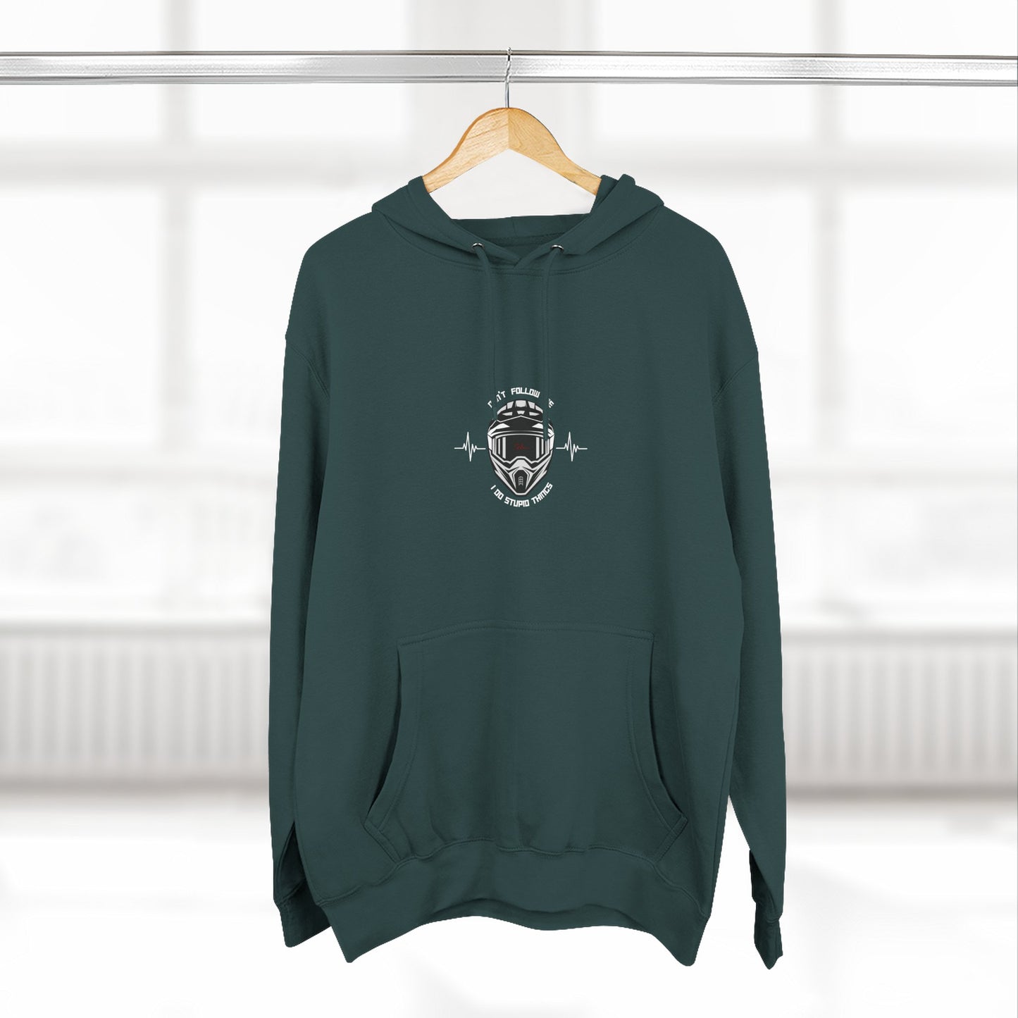 DON'T FOLLOW ME, I DO STUPID THINGS ( white lifeline) (black, heather grey, sports green) - "ECO and SUSTAINABLE, 80% Cotton, Three-Panel Fleece Hoodie-(BCI)(OEKO-TEX)