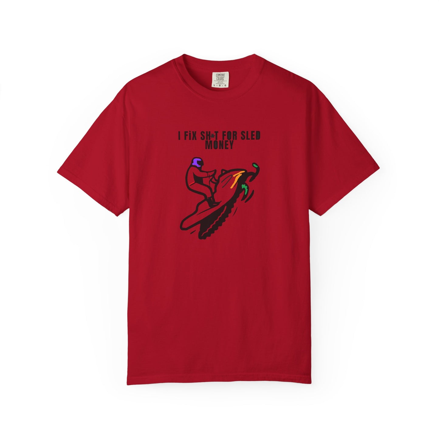 red t-shirt with snowmobile graphic design and text on a white background