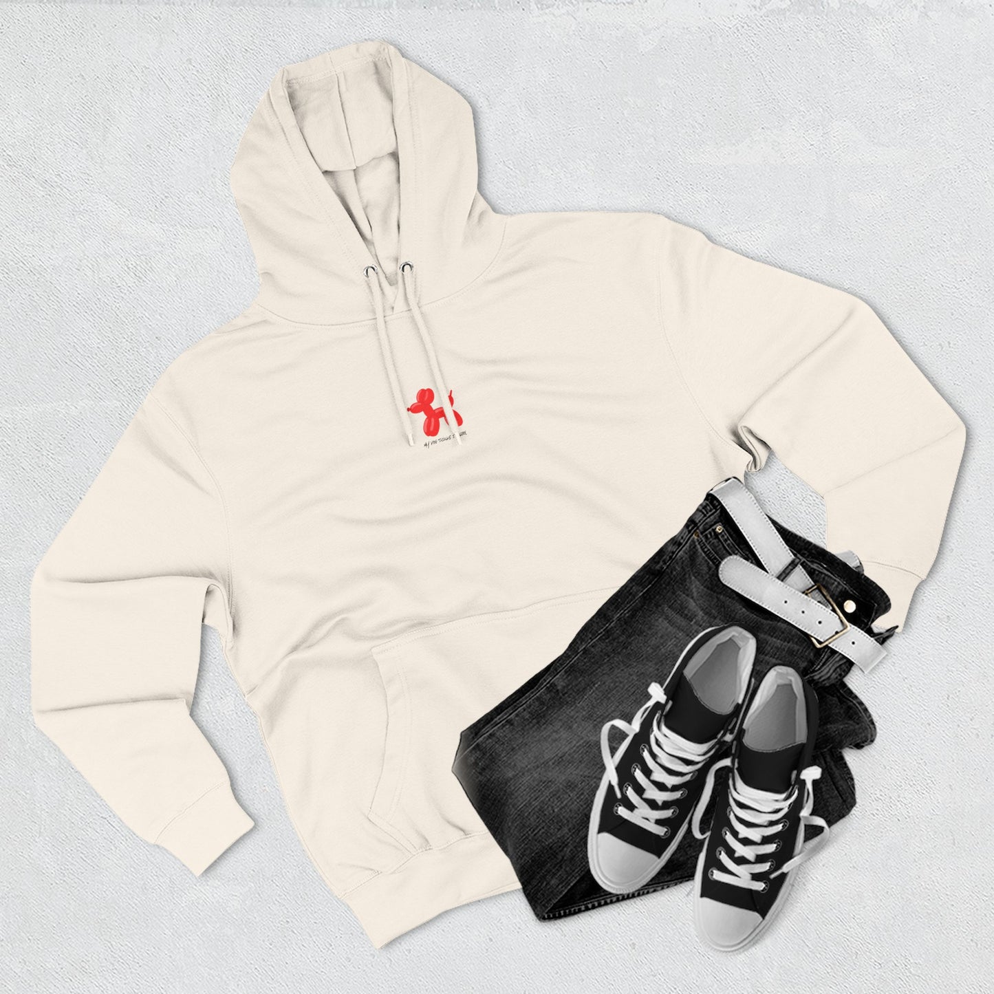 sandshell oatmeal heather pullover hoodie with my dog thinks i'm cool text and red balloon dog graphic with shoes and jeans