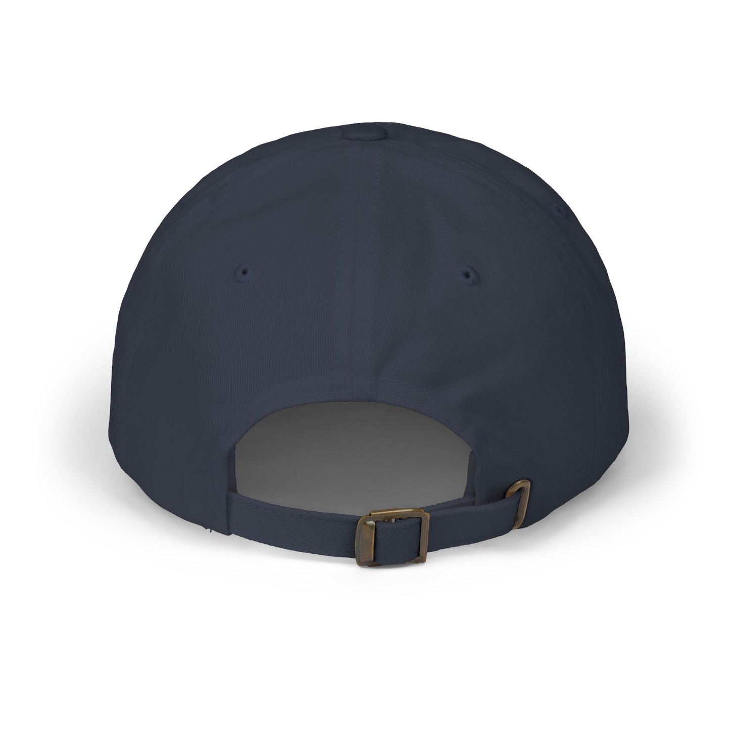 back view navy classic dad cap with white embroidered TRUST DEFIANCE text - unstructured cotton hat
