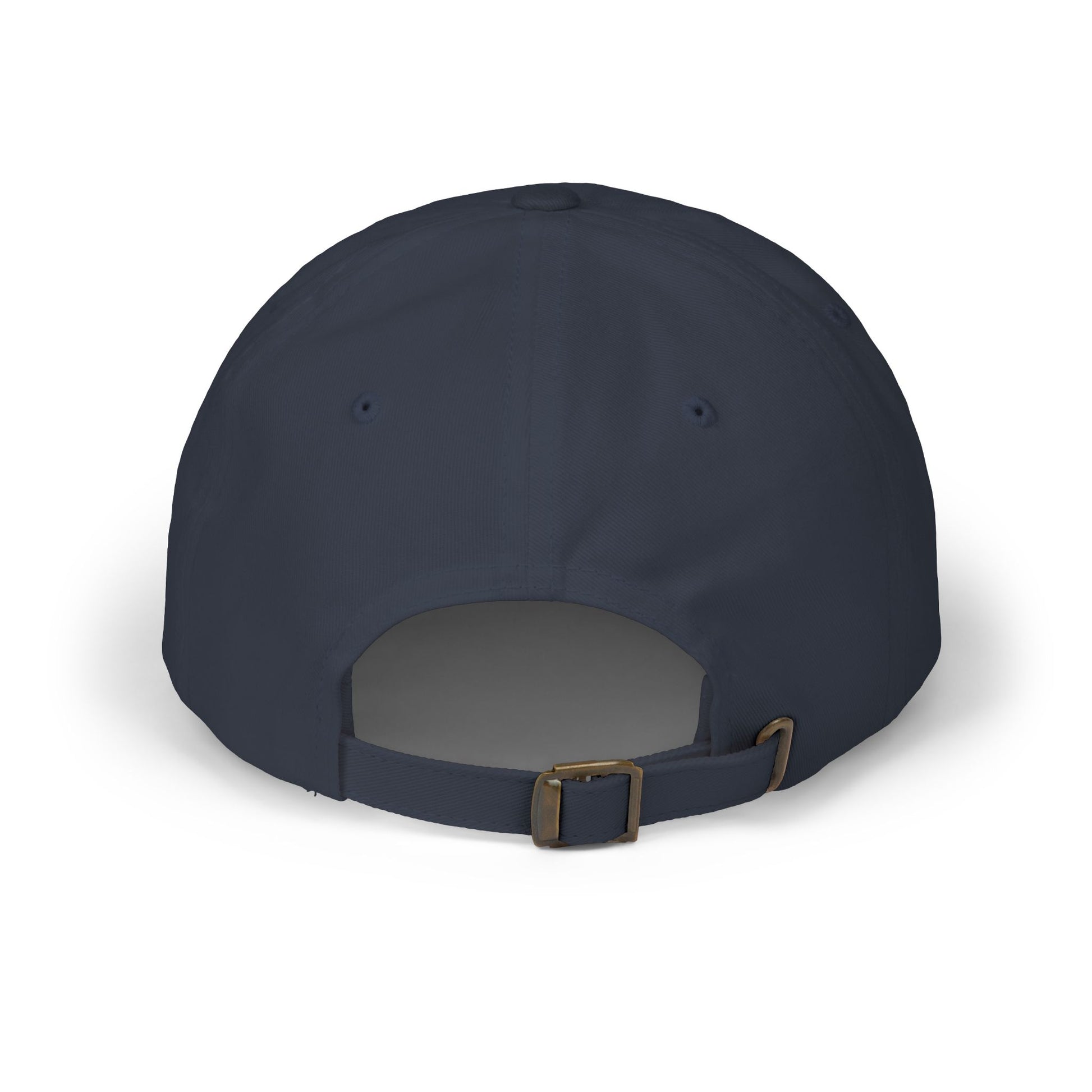 back view navy classic dad cap with white embroidered TRUST DEFIANCE text - unstructured cotton hat