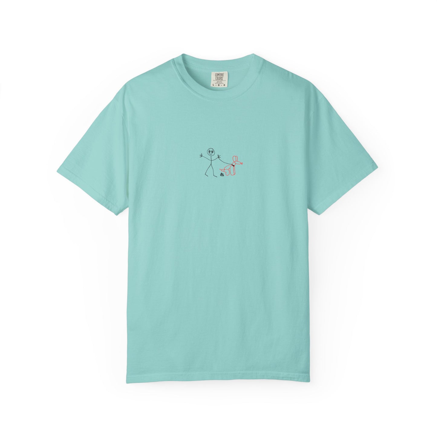 mint green  t-shirt with a small a.hooman  stick man and balloon dog graphic on a white background