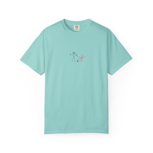 mint green  t-shirt with a small a.hooman  stick man and balloon dog graphic on a white background