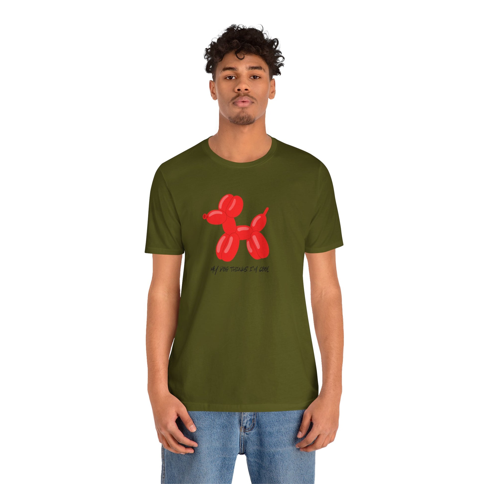 person wearing  red balloon animal dog graphic on white cotton tee - playful dog design