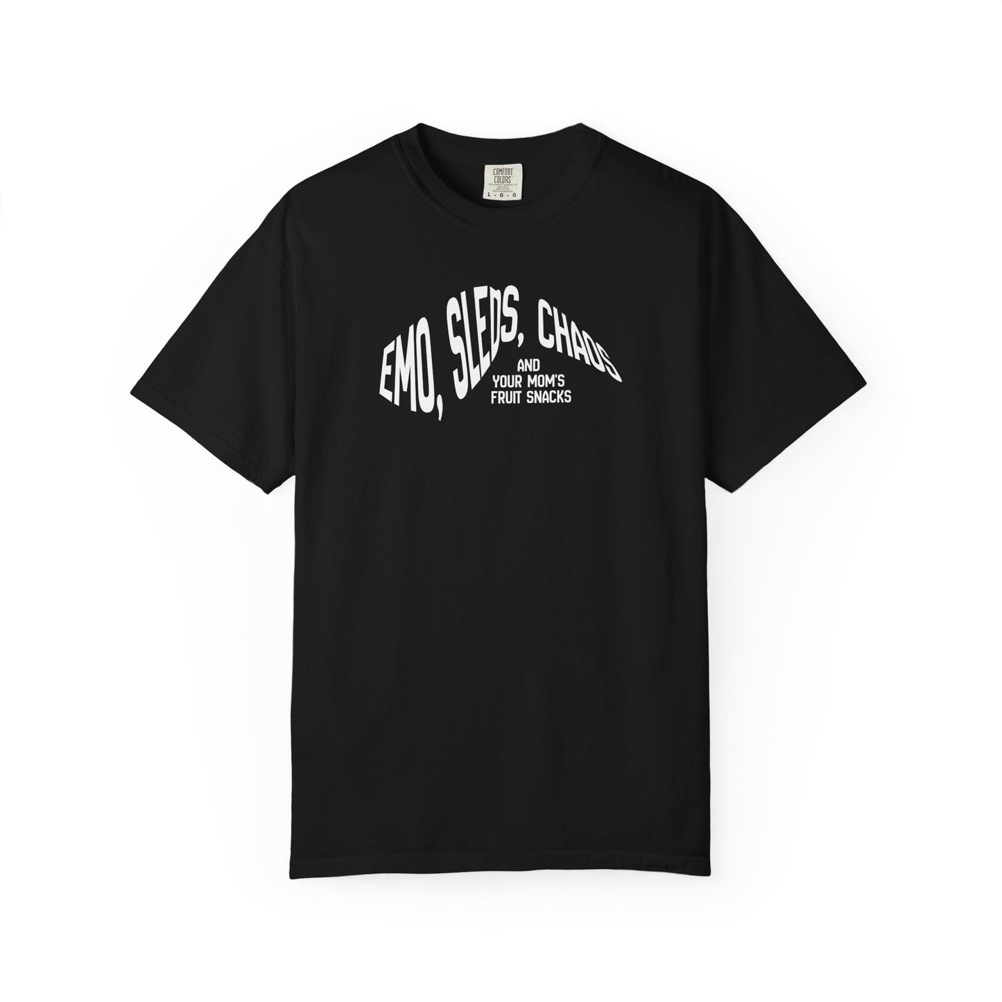 Emo Sleds Chaos Your Mom's Fruit Snacks garment-dyed t-shirt in relaxed fit, heavyweight ring-spun cotton in black
