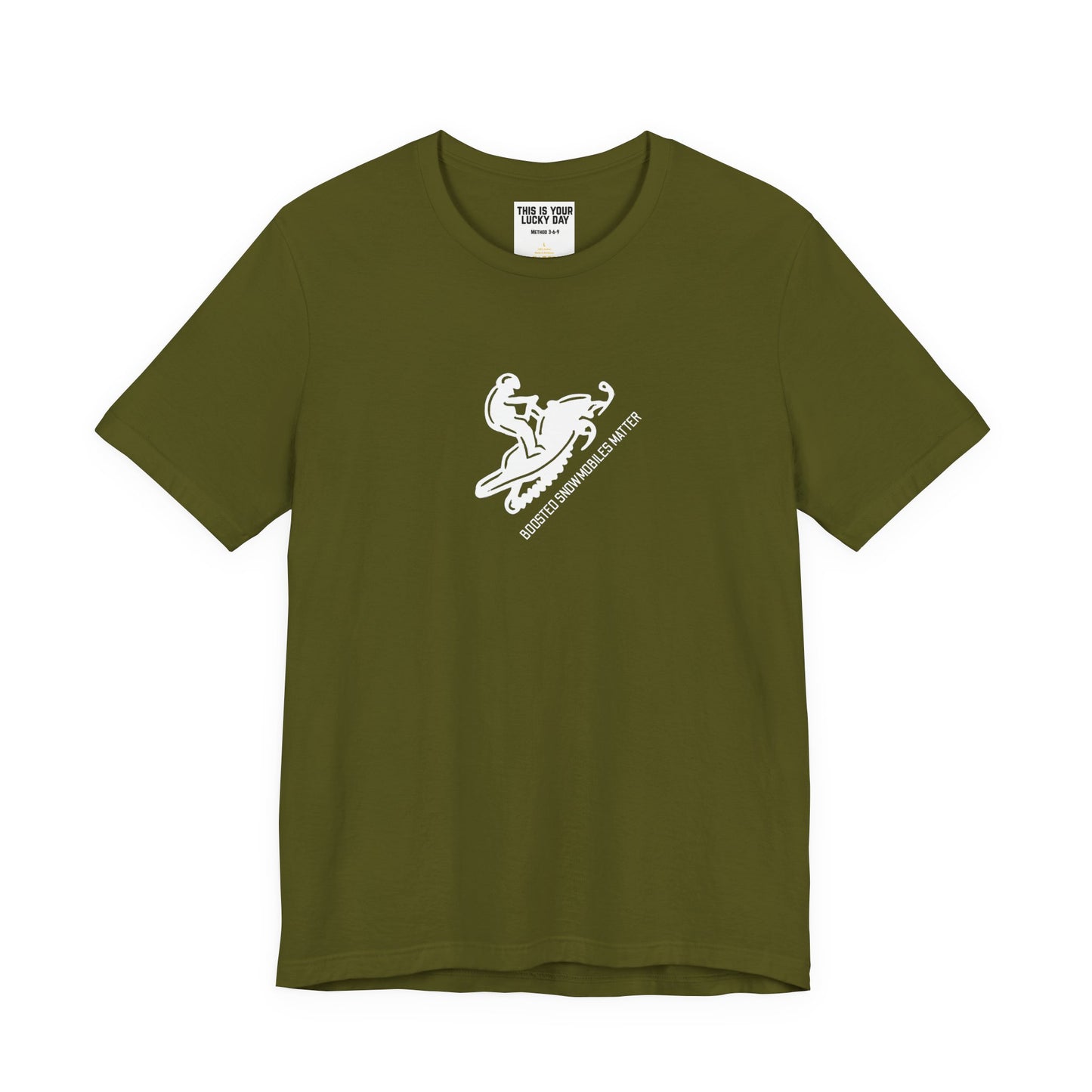 green unisex t-shirt with diagonal white text reading BOOSTED SNOWMOBILES MATTER - snowmobile culture apparel