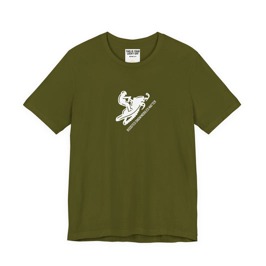 green unisex t-shirt with diagonal white text reading BOOSTED SNOWMOBILES MATTER - snowmobile culture apparel