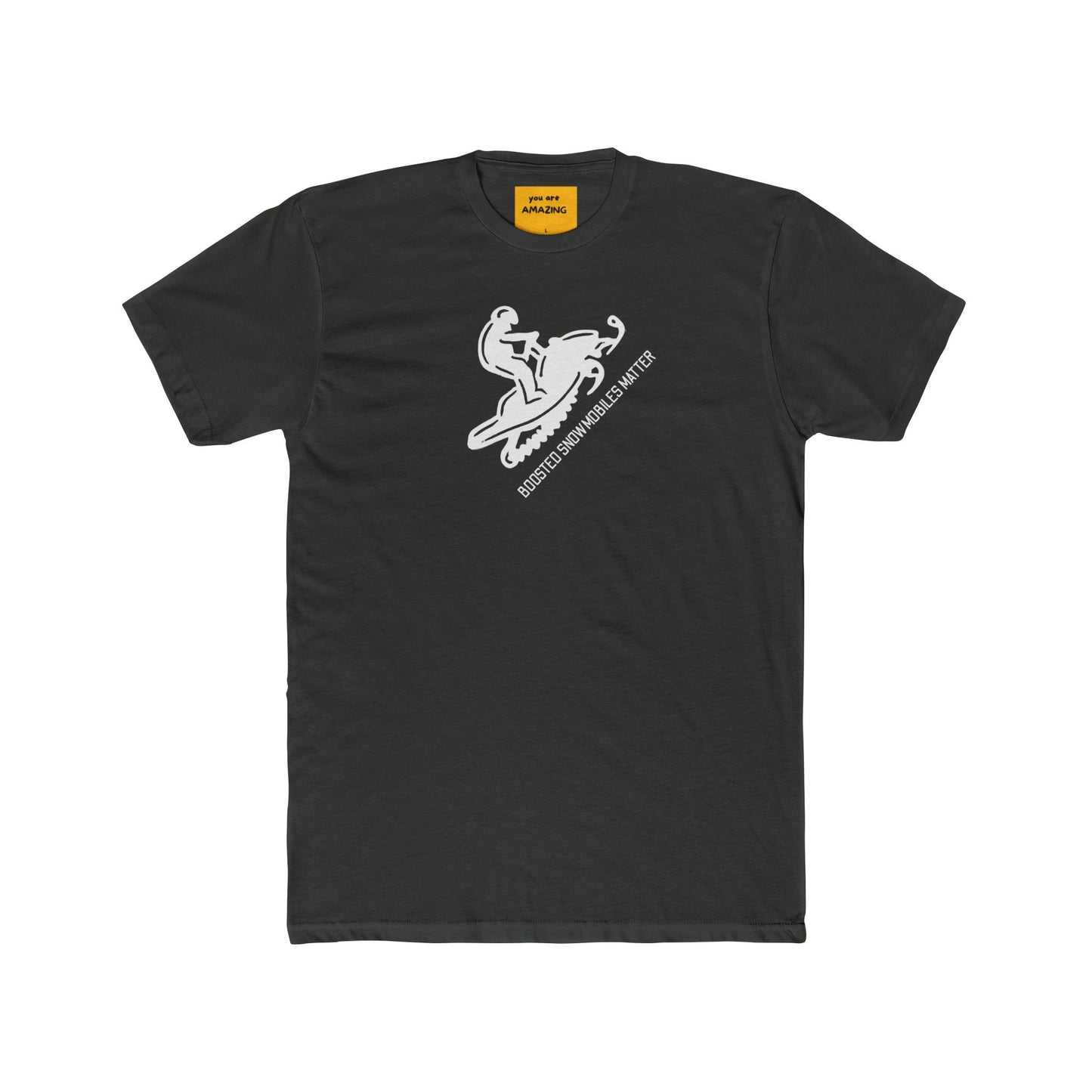 Black t-shirt with white  snowmobile graphic design with text on a white background yellow neck label