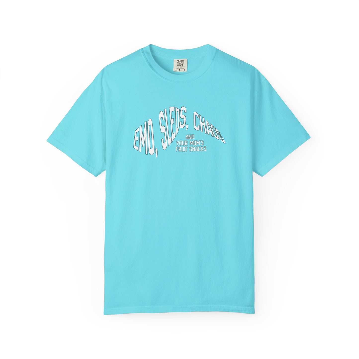 Emo Sleds Chaos Your Mom's Fruit Snacks garment-dyed t-shirt in relaxed fit, heavyweight ring-spun cotton in lagoon blue

