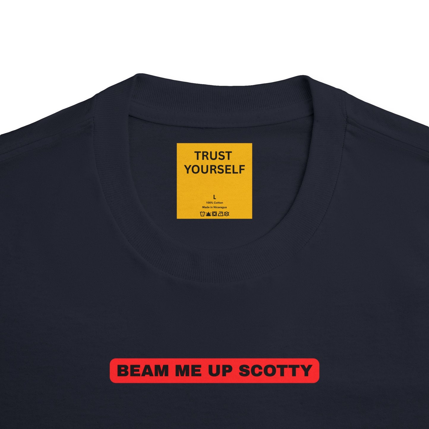 Close-up of hidden neck label message reading 'Trust Yourself' on black Beam Me Up Scotty Mandela Effect t-shirt